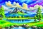 Placeholder: Clouds, mountains, tree, rocks, grass, lake, lake reflections, distant mountains, distant trees, impressionism painting