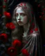 Placeholder: Pre-Raphaelite, chiaroscuro visibly textured oil painting young, Ultra-realistic, hyperrealistic, ethereal and naturally beautiful, alluring young Hyperrealistic Octane render of a mystical maiden cloaked in a translucent veil embroidered with crimson poppies and ash-gray vines, glowing softly. Dark enchanted garden in background, delicate silver thread, whimsical textures, surreal post-impressionist impasto acrylic layer cinematic shadows and maximalist. intricately detailed