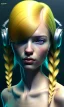 Placeholder: girl, cute, beautiful, head and shoulders portrait by Greg Rutkowski, yellow hair, pigtails with space buns, bangs, yellow dress,