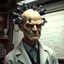 Placeholder: CGI gritty superhero movie still, fantastical Portrait of a smug super-villain in a lab-coat, extended bulbous frontal lobe bald head with a several different sized futuristic tech devices implanted randomly in his oblong head, super-villain, surreal, Marvel aesthetic, background is a mad-scientist's lab with formulae scrawled on a giant white-board