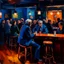 Placeholder: a single figure in a crowded bar at night, dark colors, impressionist style