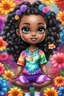 Placeholder: Create an airbrush image of a chibi black curvy female wearing a tie dye yoga outfit. Prominent make up with hazel eyes. Highly detail asymmetrical Bantu knots. background of colorful large flowers 2k