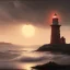 Placeholder: franz frazetta style, old lighthouse, sea in the distance, sunset, heavy clouds