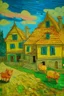 Placeholder: cuento "LOS TRES CERDITOS", imagen de la escena principal, construyendo las tres casas. con un estilo Vincent van Gogh