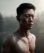 Placeholder: Ultra realistic photographic night portrait, cinematic, naked, young, Asian, all shaved <strong man> <hanging wires> many wires connected to the head <perfect pupil> <cyborg> <garage> <long shot view> <sci-fi futuristic> <thriller>, fog, soft color, highly detailed, unreal engine 5, ray tracing, RTX, lumen lighting, ultra detail, volumetric lighting, high definition.