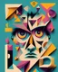 Placeholder: geometry abstract ,2d , soft colors, Malevic style, dark, typographic character ELVIS and "BIG EYES"