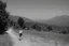 Placeholder: walking along a path that winds towards the top of a mountain, it is summer, photography taken with a Leica camera and 50mm lens, real photography in black and white, nostalgia