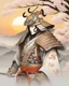 Placeholder: Fascinating portrait of male samurai in exquisite ukiyo-e porcelain armor, adorned with delicate floral motifs, harmonious combination of soft whites and earthy tones, powerful pose, with samurai helmet, imposing presence accentuated by the grip of a magnificent white porcelain katana . Ukiyo-e inspired landscape, golden sunset and Sakura trees create a captivating cinematic atmosphere