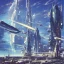 Placeholder: Spaceport on a heavy industrialized planet with a vibrant city in the background and a starting spaceship in the foreground, art by John Berkey, buildings with glass facades, insanely detailed, vibrant, 8k uhd, cinematic atmosphere, ultra-wide angle, street level view, brush strokes, blue sky with clouds, sharp focus