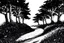 Placeholder: black and white line sketch of winding path in mysterious woods