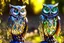 Placeholder: Coloured glass owl set with gemstones, glittering metal and gemstone parts in garden sharp focus elegant extremely detailed intricate very attractive beautiful dynamic lighting fantastic view crisp quality exquisite detail in the sunshine gems and jewels