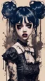 Placeholder: Poster in two gradually, a one side malevolent goth vampire girl face and other side the Singer Melanie Martinez face, full body, painting by Yoji Shinkawa, darkblue and sepia tones,