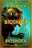 Placeholder: stunning stylish movie poster of BIOSHOCK video game with traditional Art Deco style with intricate borders, elegant typography, perfect lettering and vibrant colors typical to the era, gold nuances, turquoise, black and bronze, Bright and shiny, "BIOSHOCK" written in perfectly clear art Deco letters, gold and black, Big Daddy mechanized deep sea diver featured, underwater art deco retro futuristic buildings of Rapture from the video game in the background