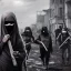 Placeholder: women, faces covered in black masks, ragged clothes, holding flag, war-torn, destroyed city in the background, 8k resolution, hyperrealistic, detailed matte painting, b&w, dynamic lighting, war, anarchy, terrorists