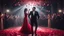 Placeholder: Hyper Realistic handsome muscular guy in black tuxedo & a beautiful girl in classy red gown dance in a wedding party with dramatic lightings & spotlight with rose-petals at dark night.