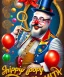 Placeholder: happy old friendly fat clown with trimmed beard playing jazz with a steampunk theme, circus, realistic