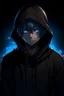 Placeholder: anime boy with back hair, black hoodie, blue eyes, black mask and dark scary background