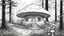 Placeholder: Ground-level outline sketch of a mushroom house in the woods