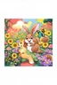 Placeholder: The cute bunny excitedly looks at a bright yellow sunflower in the colorful garden, the beautiful butterfly and friendly brown squirrel are smiling, child book illustration style, faces must be the same as reference image