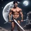 Placeholder: Hyper Realistic Shirtless Muscular Young Handsome king with beard & short black hair on moon smiling with his sword in outer space