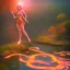 Placeholder: pink lady, hovering over pond, river, glowing, orange