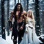 Placeholder: tall muscular male mountain man with long dark hair with a petit female with long blonde hair, dark fantasy, snowy forest