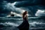 Placeholder: Compose a haunting and powerful image of a beautiful girl surrounded by her sadness in a surreal environment. Use dynamic lighting to create contrast and depth, illuminating her emotions and struggles. The sky above should be turbulent, with storm clouds brewing, reflecting the turmoil within her. In the background, depict a stormy ocean with a sinking ship, symbolizing loss and despair. Show a few people struggling for survival, adding a sense of urgency and chaos to the scene. Let the composit