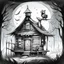 Placeholder: Make black and white cute drawing of a Baba Yaga’s House (Walking Hut on Chicken Legs) with black bold lines. Only outline, no grayscale. A quirky wooden hut with chicken legs, stomping playfully through a magical forest. Add details like a crooked chimney, glowing windows, and a fence made of bones.