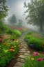 Placeholder: park, botanical garden, many flowers, multi-level, path, fog, morning, professional photo, Ultra HD, HDR