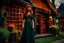 Placeholder: Full body shot of a tall slim pretty, red-headed young female witch, casting magical glowing symbols into the air, dressed in a long flowing green dress, standing in front of a row of cottages and shops with thatched roofs