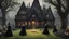 Placeholder: A gothic woodland house with a coven of witches dancing around a pentacle on a lawn in front of the house.