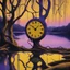 Placeholder: A photo realistic lake, at sunset, surrounded by trees. In the foreground there are clocks melting and draping over the tree branches, Salvador Dali 'Persistence of Memory', surrealism, past, present, future, conceptual art, yellow, purple, navy, no people. Sophisticated colour pattern.