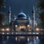 Placeholder: Hyper realistic beautiful navy-blue coloured mosque in a dark rainy night with water fountains