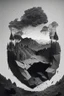 Placeholder: Beautiful landscape with trees, earth opens up and breaks down in black polygons.