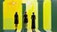 Placeholder: a painting of three people standing next to each other, an acrylic painting, trending on cg society, yellow and limegreen color scheme, monoliths, siluettes, in a row, detailled light, group of people, trending on artstion, female forms, smoldering, suns, chambers