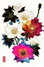 Placeholder: A mesmerizing watercolor masterpiece that redefines floral art, showcasing a harmonious blend of vibrant colors. Each blossom is accentuated with a thin black or white ink outline, creating a formal linear design. The artist's vision shines through of the design meticulously drawn in gold ink and embellished with glitter, adding an element of opulence to the piece. Influenced by Ukiyo-e and presented in a poster-like format, this captivating work of art is both mysterious and enchanting, transpo