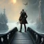 Placeholder: fantasy art, book cover, big shiny wizard in front of the ebony stairs of a bridge or dam ,icy water, on the bridge is a wolf, there is also a hawk sitting on his shoulder