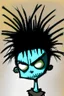 Placeholder: 2d drawing of a stickman, cool with punk hair, x eyes like in hangman, standing, slightly bended over and looking back into the camera, close-up ,3d realistic in colour