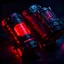 Placeholder: cyberpunk bracers, red lighting, black background