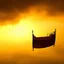 Placeholder: a bed flying through a dark yellow sky, golden mist, flowing fabric, night