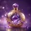 Placeholder: Golden round perfume bottle with purple crystal cap and small purple decorations. Illustrative art, art interpretation, concept art, cgsociety contest winner, seasonal art, seasonal art HD, 4k, 8k, intricate, detailed, intricately detailed, luminous, translucent fantasy crystal, holographic data, soft body, shadow play, light, fog, atmospheric, cinematic, light film, hyper-detailed, hyper-realistic, masterpiece, atmospheric, high resolution, 8k, HDR, 500px, mysterious and artistic digital art, p