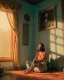 Placeholder: Room scene with sit woman, Wes Anderson style, realistic photo, concept art, smooth, unreal engine 5, god lights, ray tracing, RTX, lumen lighting, ultra detail, volumetric lighting, 3d.