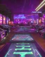 Placeholder: A dark photo of a full panoramic view an 80's aesthetics arcade at night, with a lot of functioning arcade machines, a vaporwave floor and some colorful tiles in between the floor. Purple aesthetics.