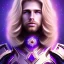 Placeholder: smiling beautifull long hair blond man face with cristal diamond on the forehead , cosmic armor and cosmic purple and blue sky behind