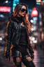 Placeholder: Full body,Half-cyborg beautiful female cyberpunk assassin wearing google sunglasses, black jacket,long hair,walk on night city background