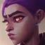 Placeholder: arcane animation series style, league of legends, Solo, 1girl, attractive teenager, african, dark skin, golden eyes, black hair, pair buns, forehead bangs colored in violet, necklace, earrings, modern makeup, (detailed skin texture), white oversize shirt