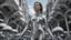 Placeholder: three-quarter-worms-eye view of a woman in a silver robotic catsuit standing in a futuristic derelict city with mushrooms with tentacles, floating in the sky