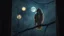 Placeholder: back to the camera a barn owl sitting on a tree branch close the window and looks in through the window into the room, night, thriller, fog, mystic, moon, high detailed, sharp focuses, photorealistic, cinematic, dramatic vibe