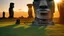 Placeholder: calm beauty, fantasy, magic, splendor, uplifting, inspiring, therapeutic, Easter Island stone statues with faces, some wearing spectacles, some with vegetation beards, mustaches, hair, springtime, sunlight, chiaroscuro, color, award-winning colour photograph, Nikon 135mm, style Disney, style Salvador Dali
