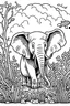 Placeholder: A black-and-white outlined drawing of a wild elephant eating a bunch of bananas from trees for kid's colouring books